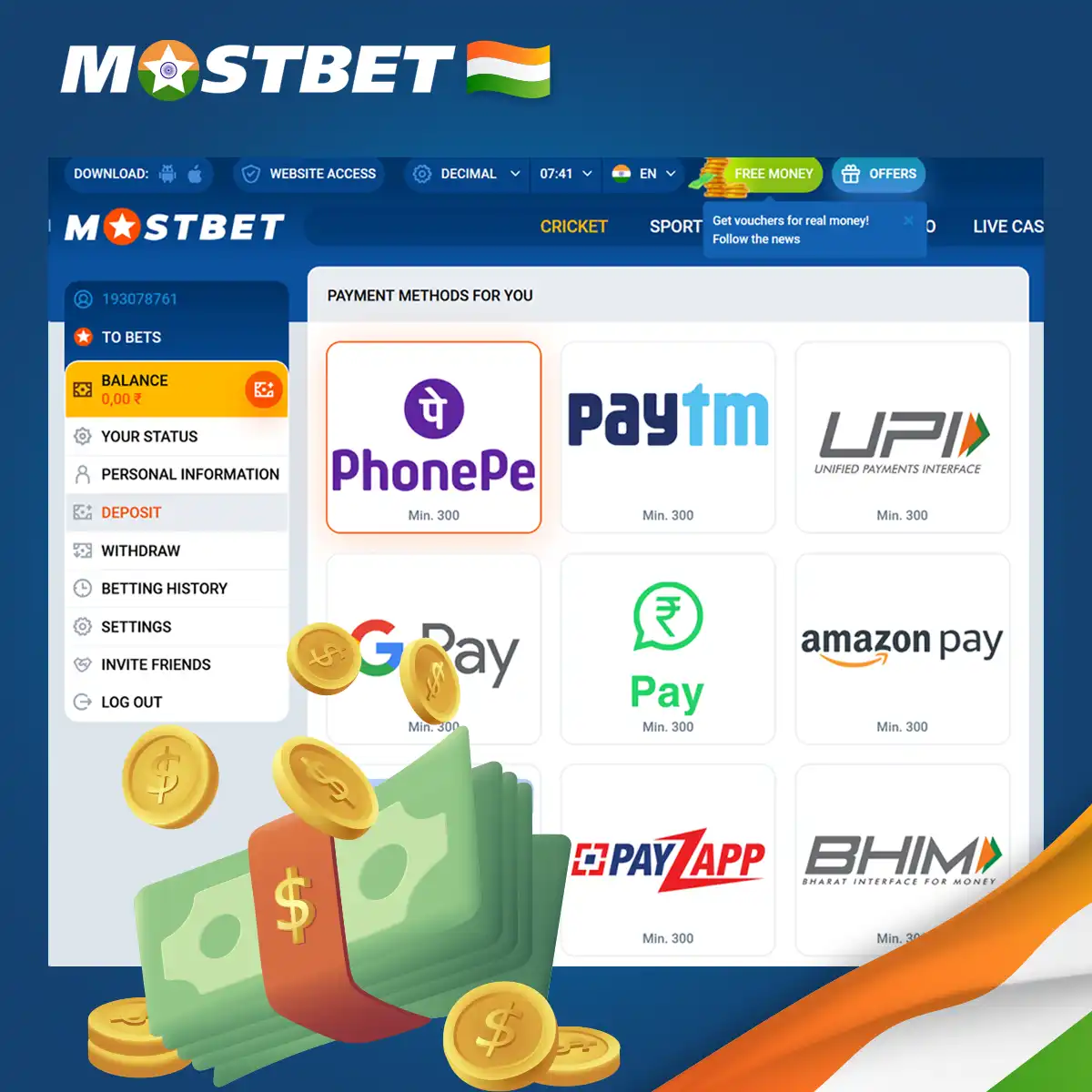 Deposit and Withdrawal Methods at Mostbet in India