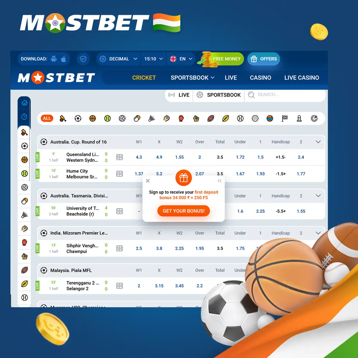 The sports betting page at Mostbet