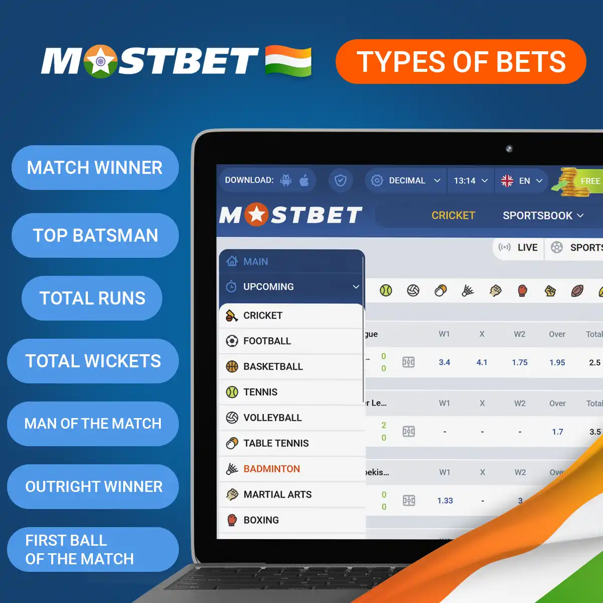 Types of sports betting available on the Mostbet platform