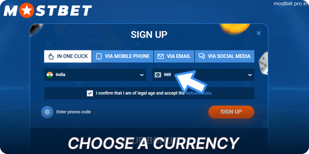 Choose a currency on Mostbet